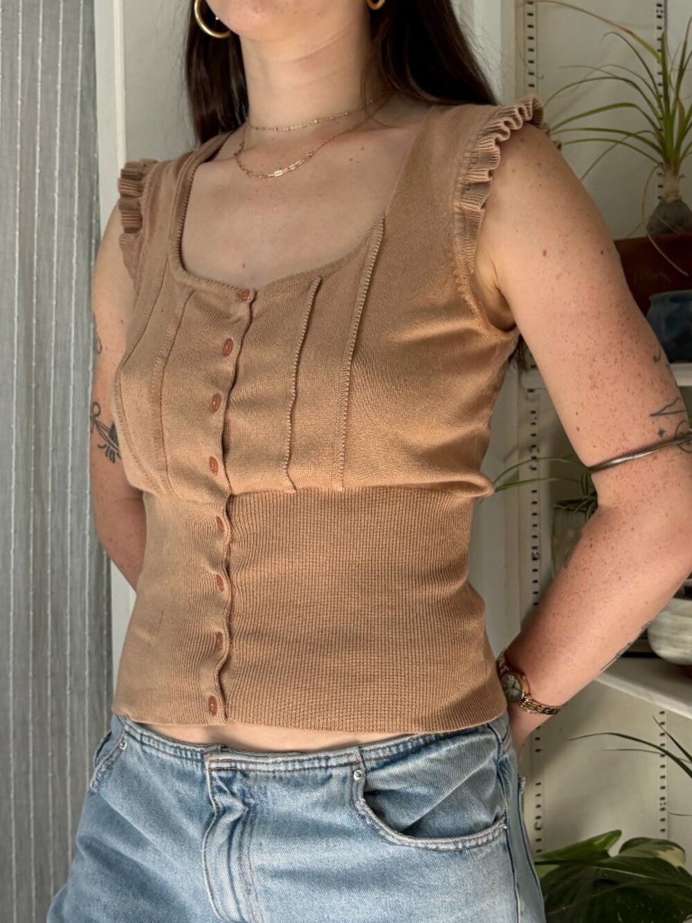 Vintage Tan Knit Sleeveless Blouse - L